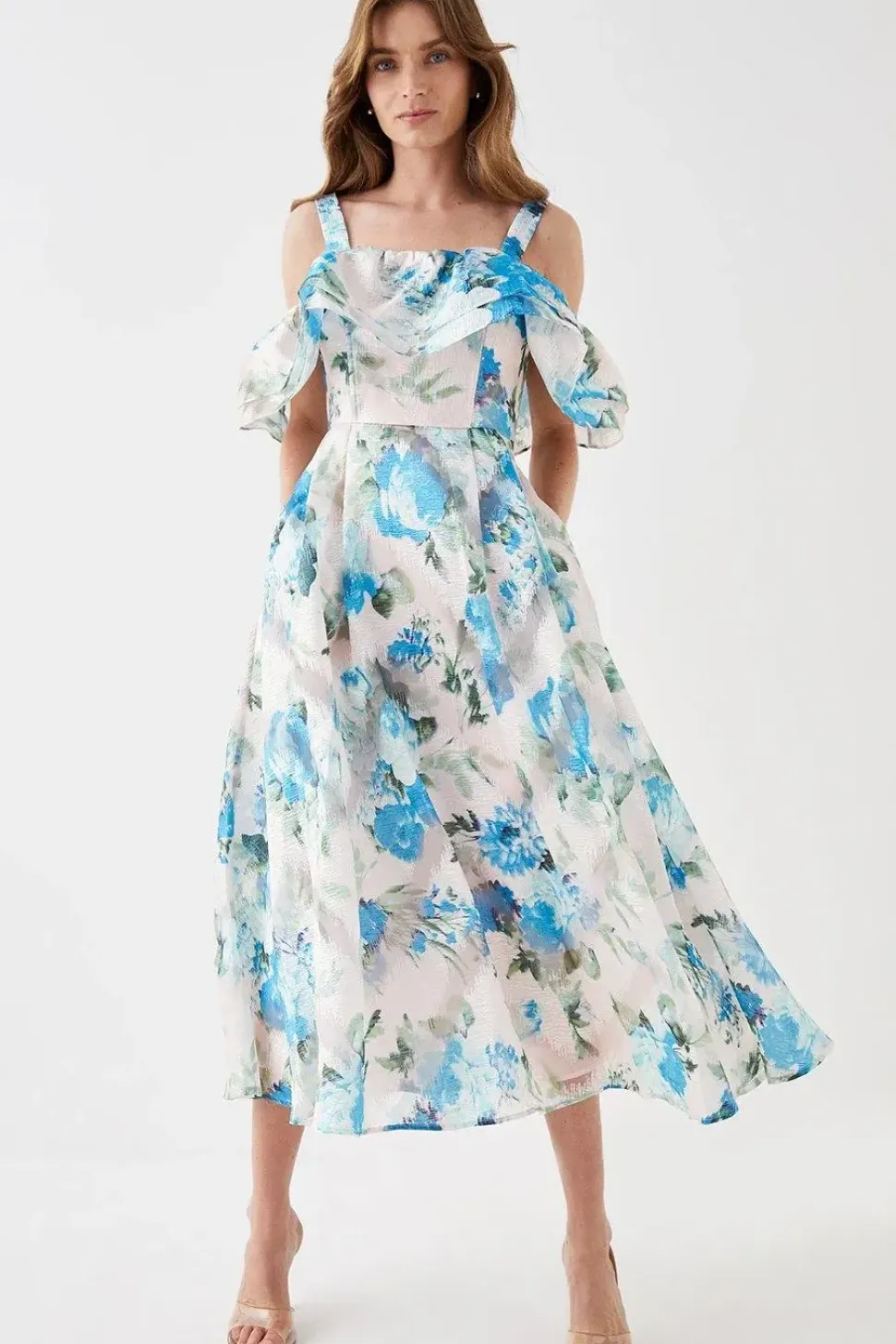 Jacquard Frill Bardot Midi Dress
