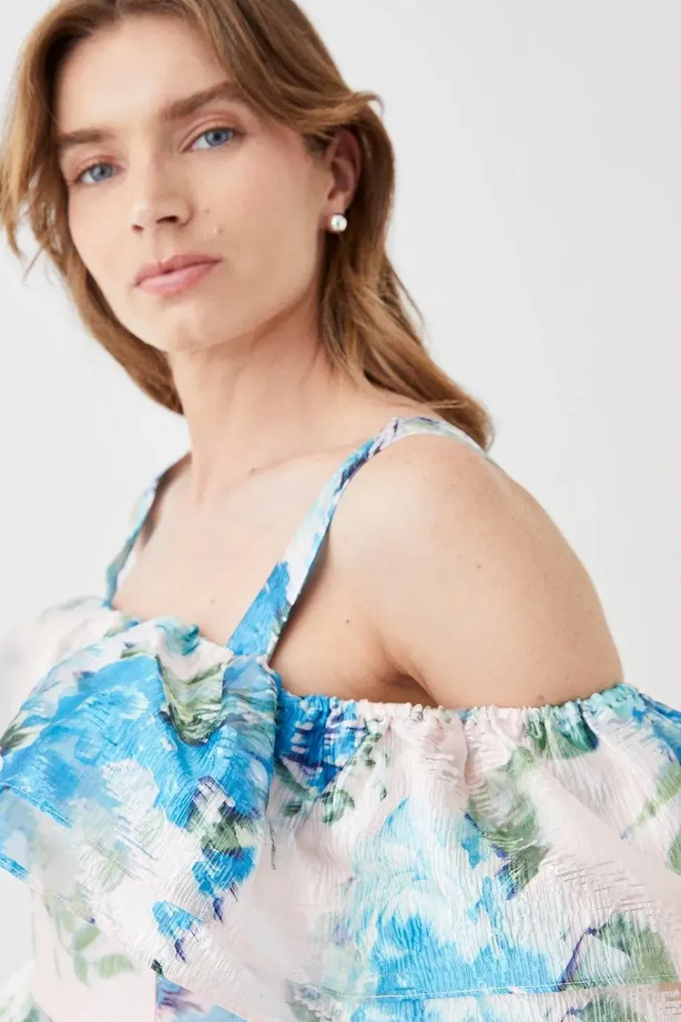Jacquard Frill Bardot Midi Dress