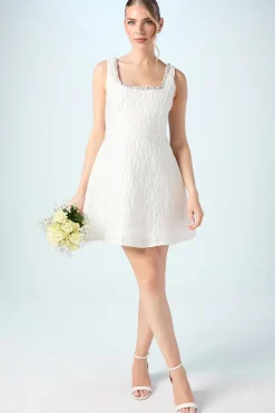 Jacquard Full Skirted Mini Dress With Jewel Trim