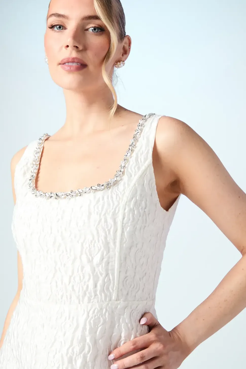 Jacquard Full Skirted Mini Dress With Jewel Trim