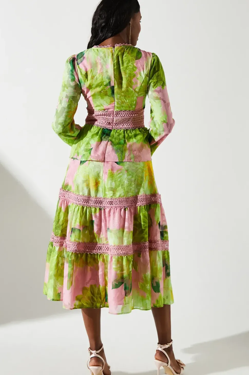 Jacquard Peplum Lace Trim Dress