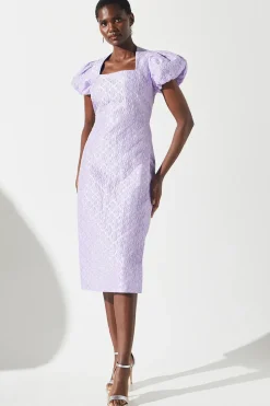 Jacquard Puff Sleeve Fitted Midi Dress