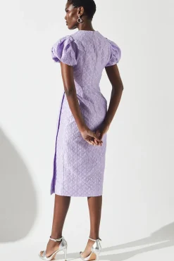 Jacquard Puff Sleeve Fitted Midi Dress