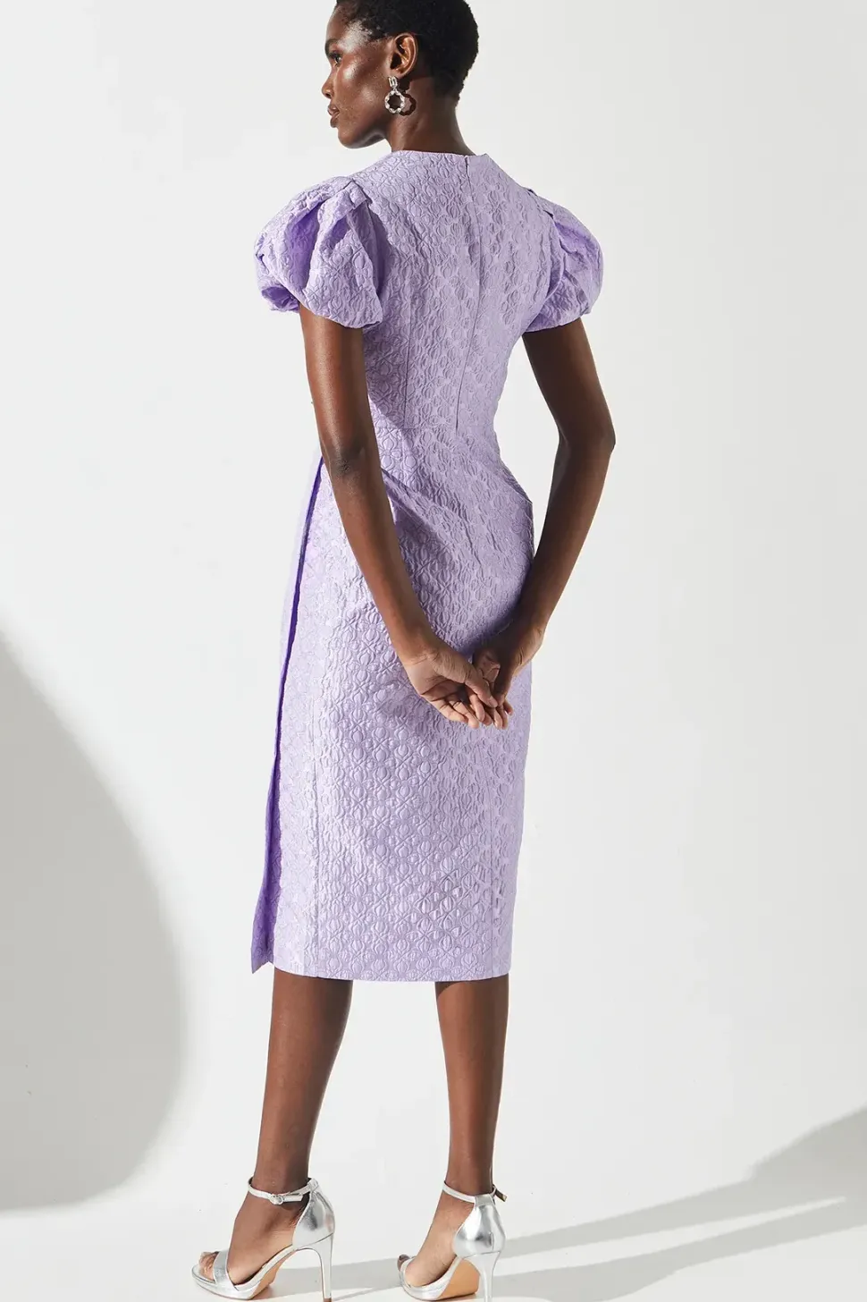 Jacquard Puff Sleeve Fitted Midi Dress