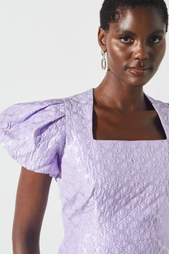 Jacquard Puff Sleeve Fitted Midi Dress