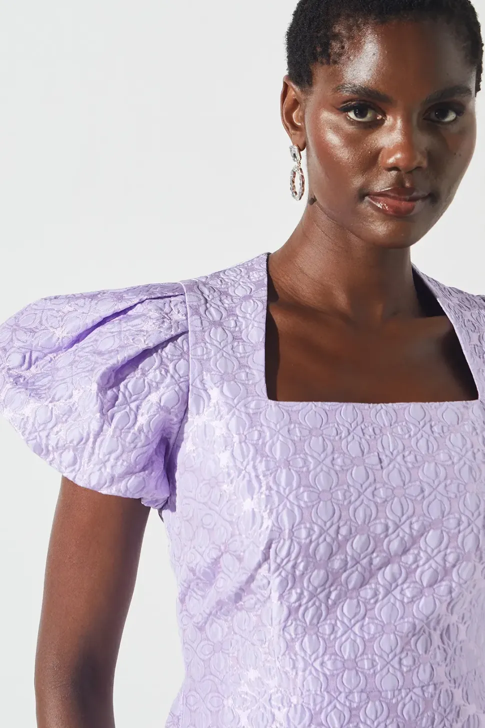Jacquard Puff Sleeve Fitted Midi Dress
