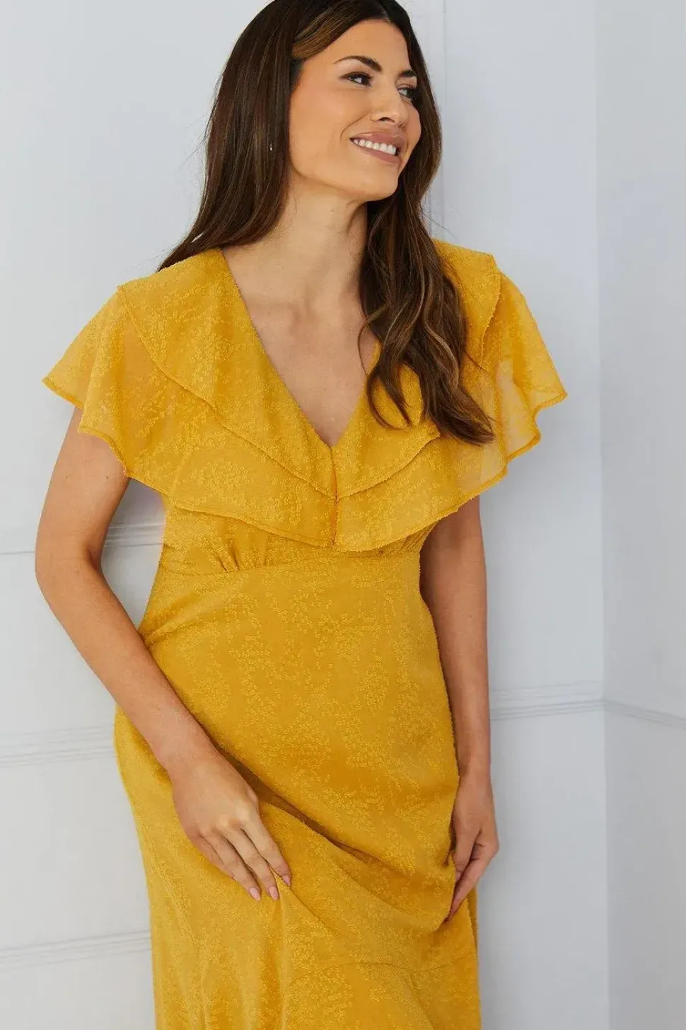 Jacquard Ruffle Detail Hanky Hem Maxi Dress
