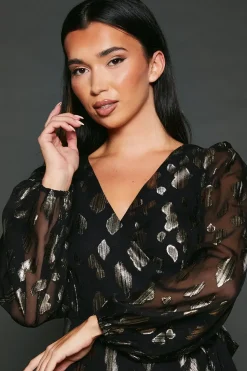 Jacquard Ruffle Wrap Long Sleeve Midi Dress