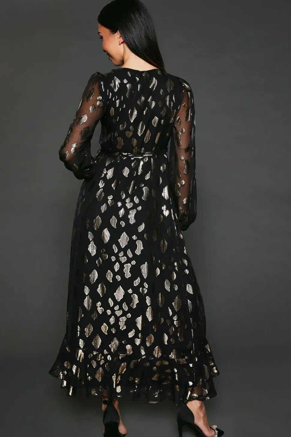 Jacquard Ruffle Wrap Long Sleeve Midi Dress