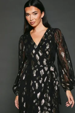 Jacquard Ruffle Wrap Long Sleeve Midi Dress