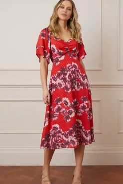 Jacquard Spot Floral Ruffle Sleeve Midi Dress