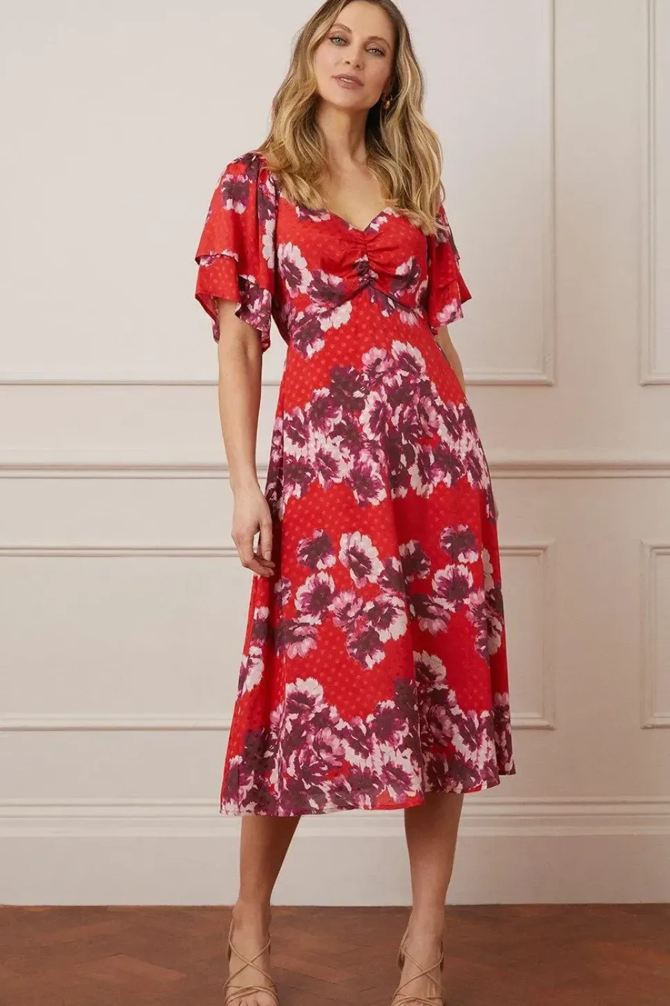 Jacquard Spot Floral Ruffle Sleeve Midi Dress