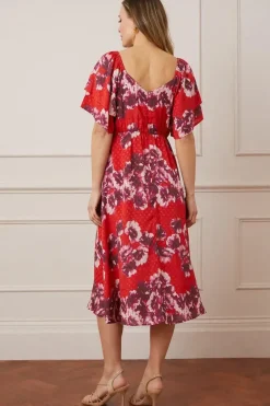 Jacquard Spot Floral Ruffle Sleeve Midi Dress