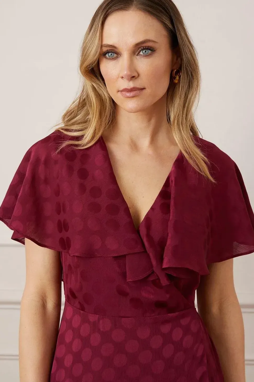 Jacquard Spot Ruffle Wrap Midaxi Dress
