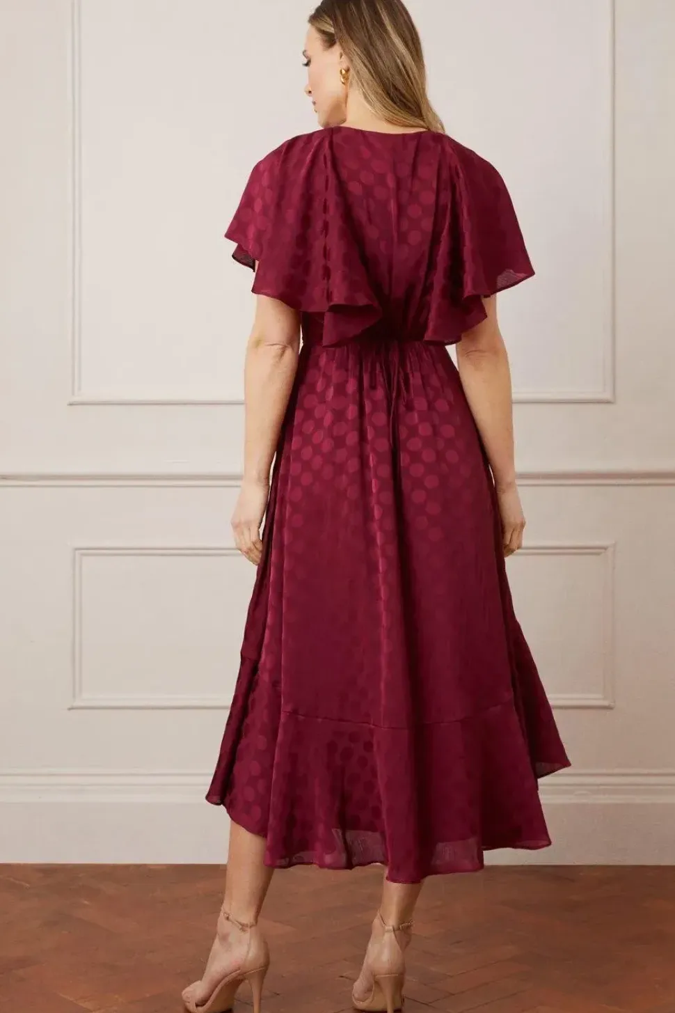 Jacquard Spot Ruffle Wrap Midaxi Dress