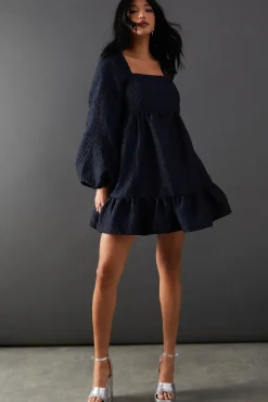 Jacquard Square Neck Balloon Sleeve Mini Dress