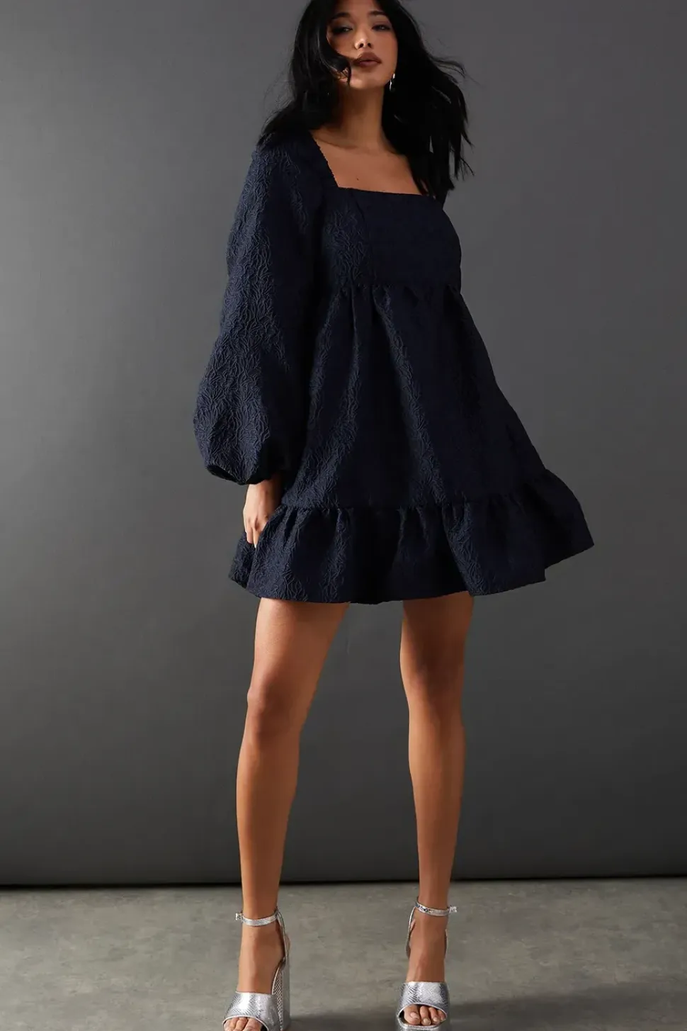 Jacquard Square Neck Balloon Sleeve Mini Dress