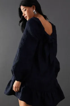 Jacquard Square Neck Balloon Sleeve Mini Dress