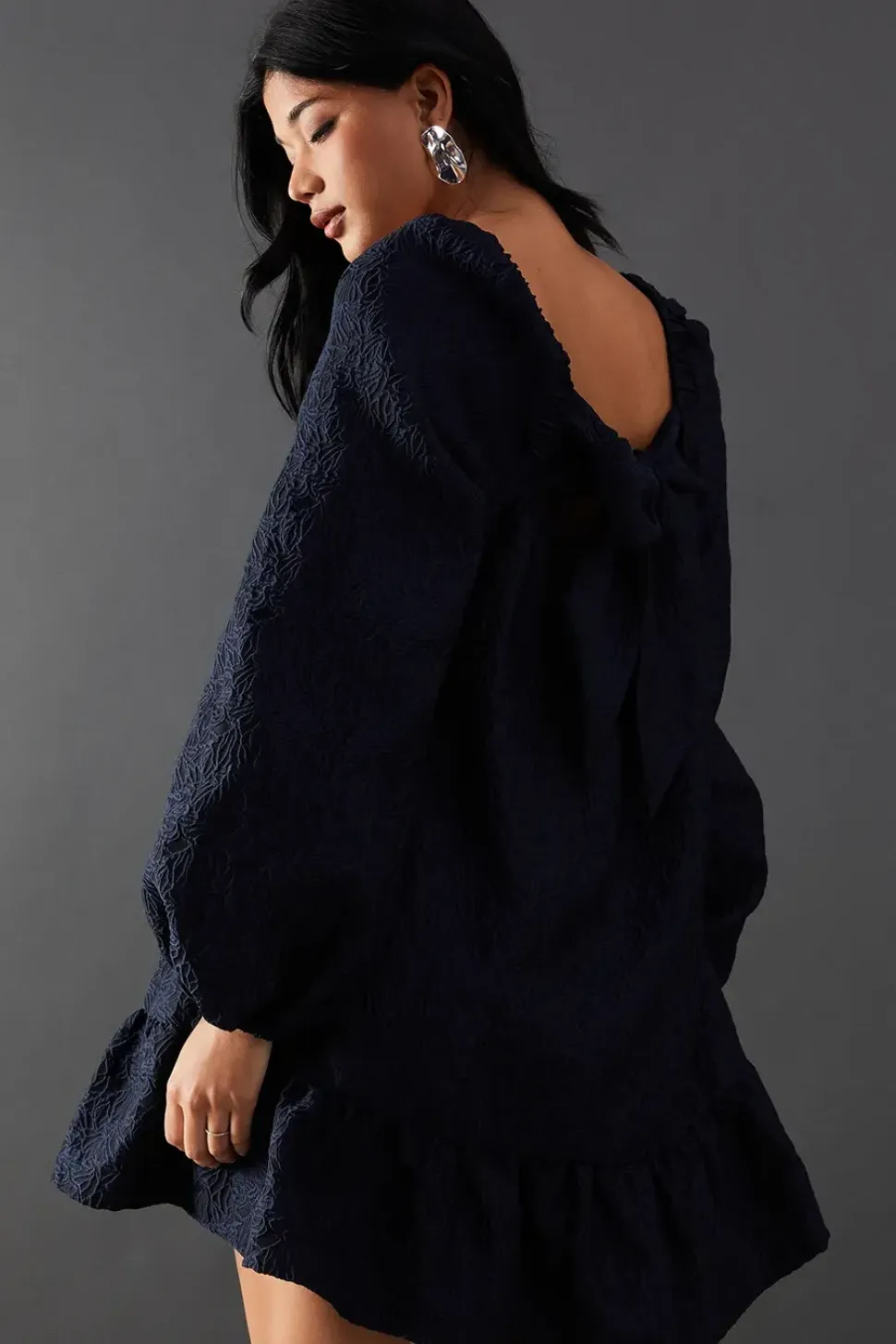 Jacquard Square Neck Balloon Sleeve Mini Dress