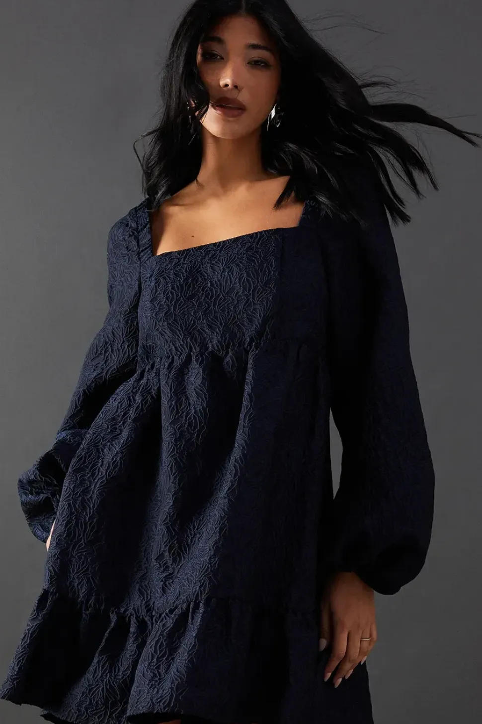 Jacquard Square Neck Balloon Sleeve Mini Dress
