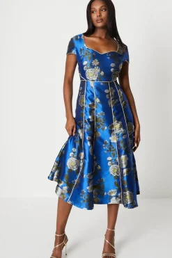 Jacquard Sweetheart Neckline Midi Dress With Piping