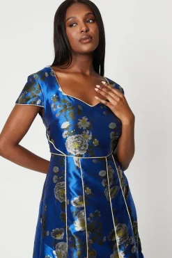 Jacquard Sweetheart Neckline Midi Dress With Piping
