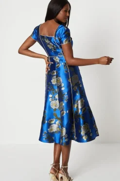 Jacquard Sweetheart Neckline Midi Dress With Piping