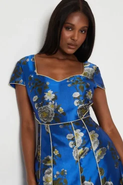 Jacquard Sweetheart Neckline Midi Dress With Piping