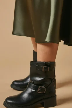 Janessa Faux Leather Double Buckle Chunky Biker Ankle Boot