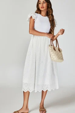 Jersey Broderie Midi Dress In White