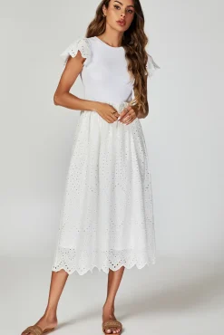 Jersey Broderie Midi Dress In White