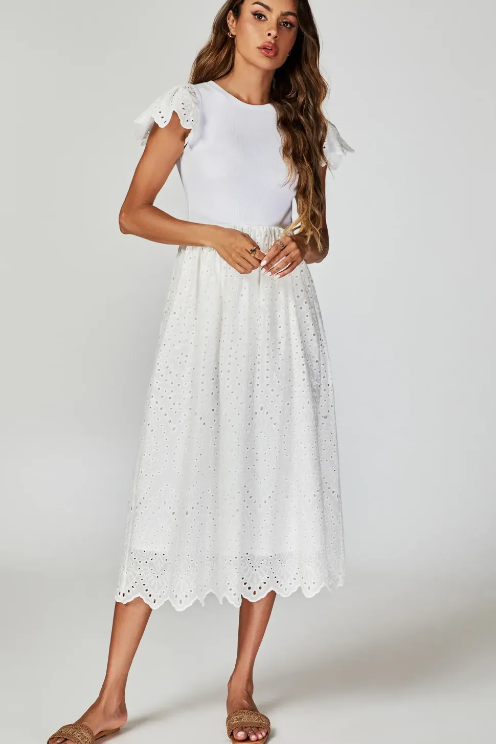 Jersey Broderie Midi Dress In White