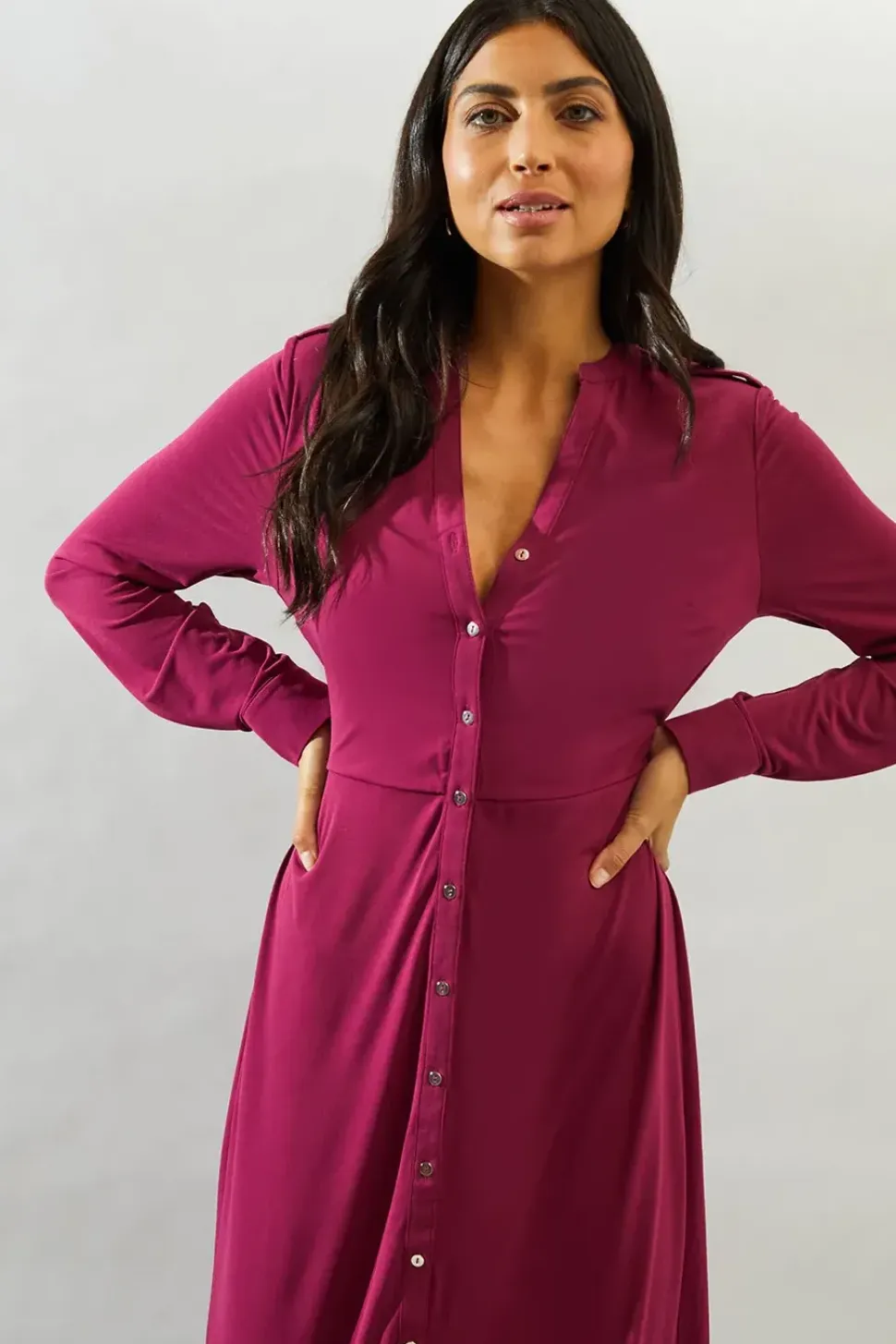 Jersey Collarless Belted Midi Dress