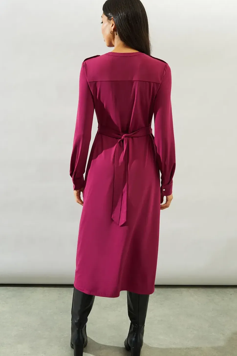 Jersey Collarless Belted Midi Dress