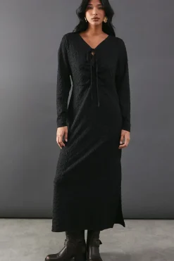 Jersey Jacquard Tie Front Fitted Midi Dress