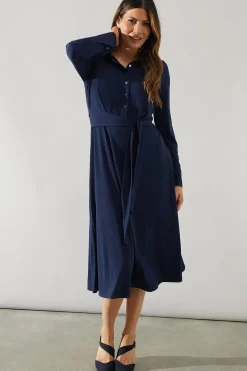 Jersey Tie Front Collared Midi Dress