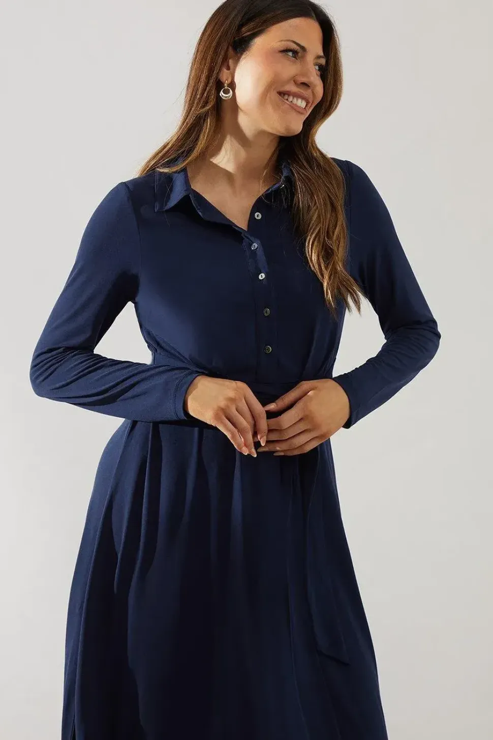 Jersey Tie Front Collared Midi Dress