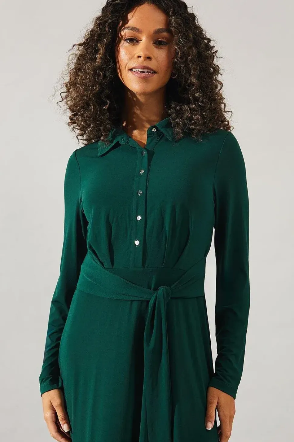 Jersey Tie Front Collared Midi Dress