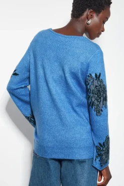 Jess V-Neck Floral Jacquard Jumper Blue