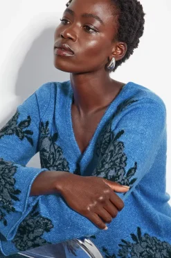 Jess V-Neck Floral Jacquard Jumper Blue