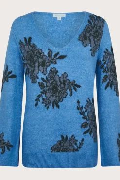 Jess V-Neck Floral Jacquard Jumper Blue