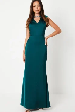 Jewel Trim Cowl Back Satin Maxi Dress