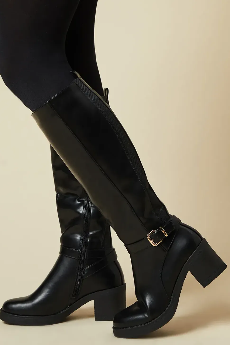 Kahlani Buckle Detail Back Elastic Chunky Platform Knee Boot