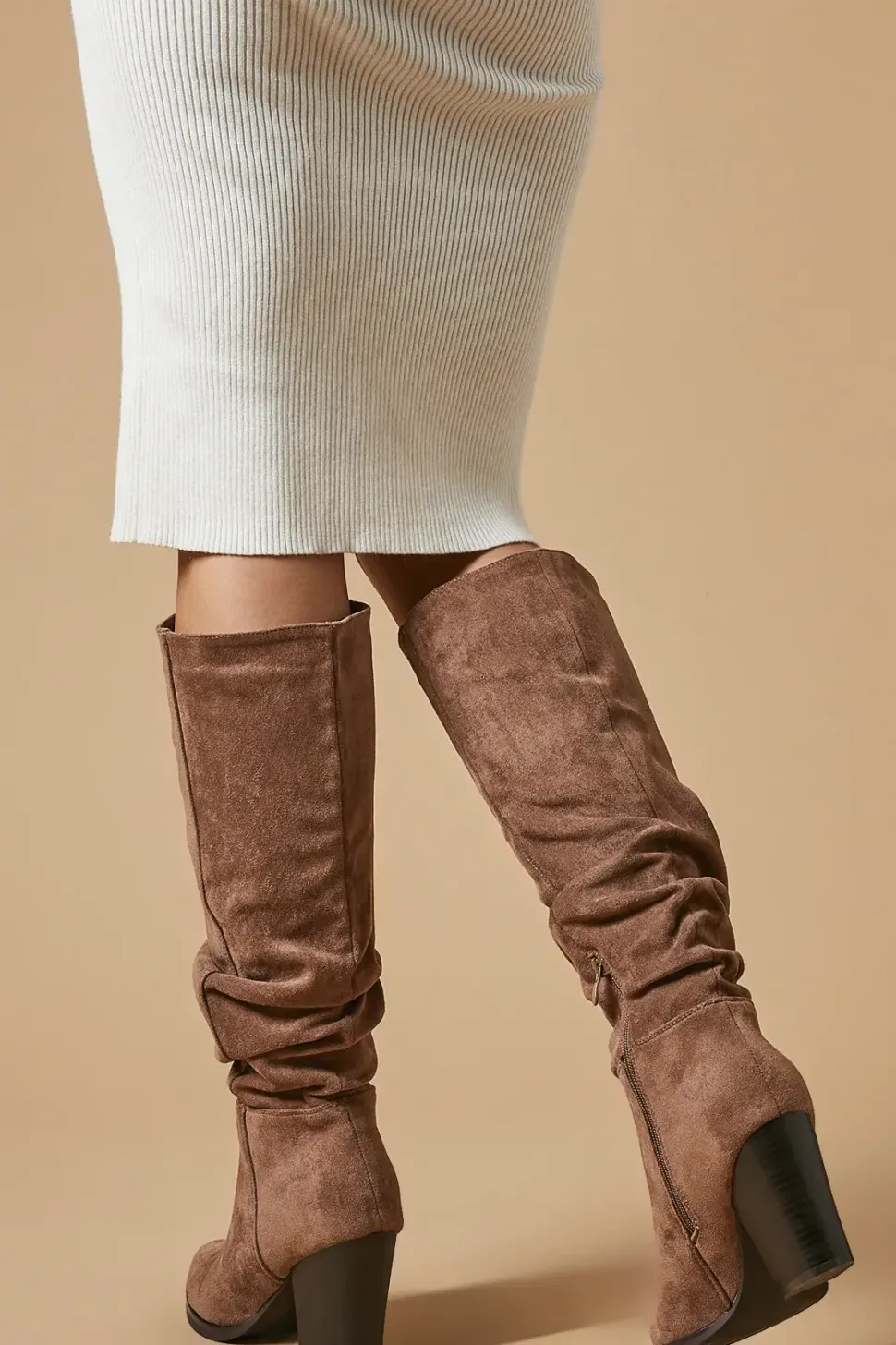 Kaisha Almond Toe High Block Heel Ruche Knee Boot