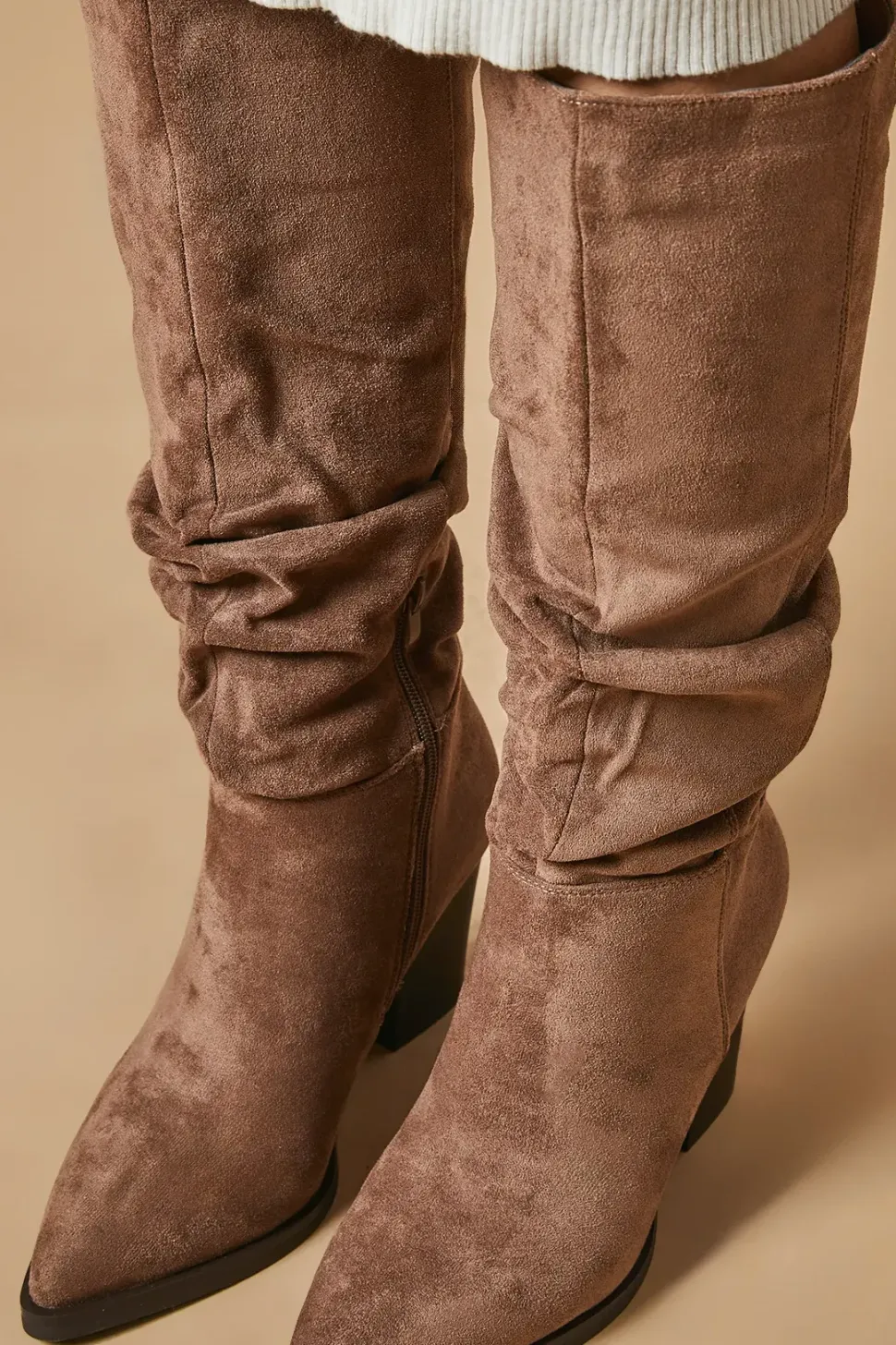 Kaisha Almond Toe High Block Heel Ruche Knee Boot