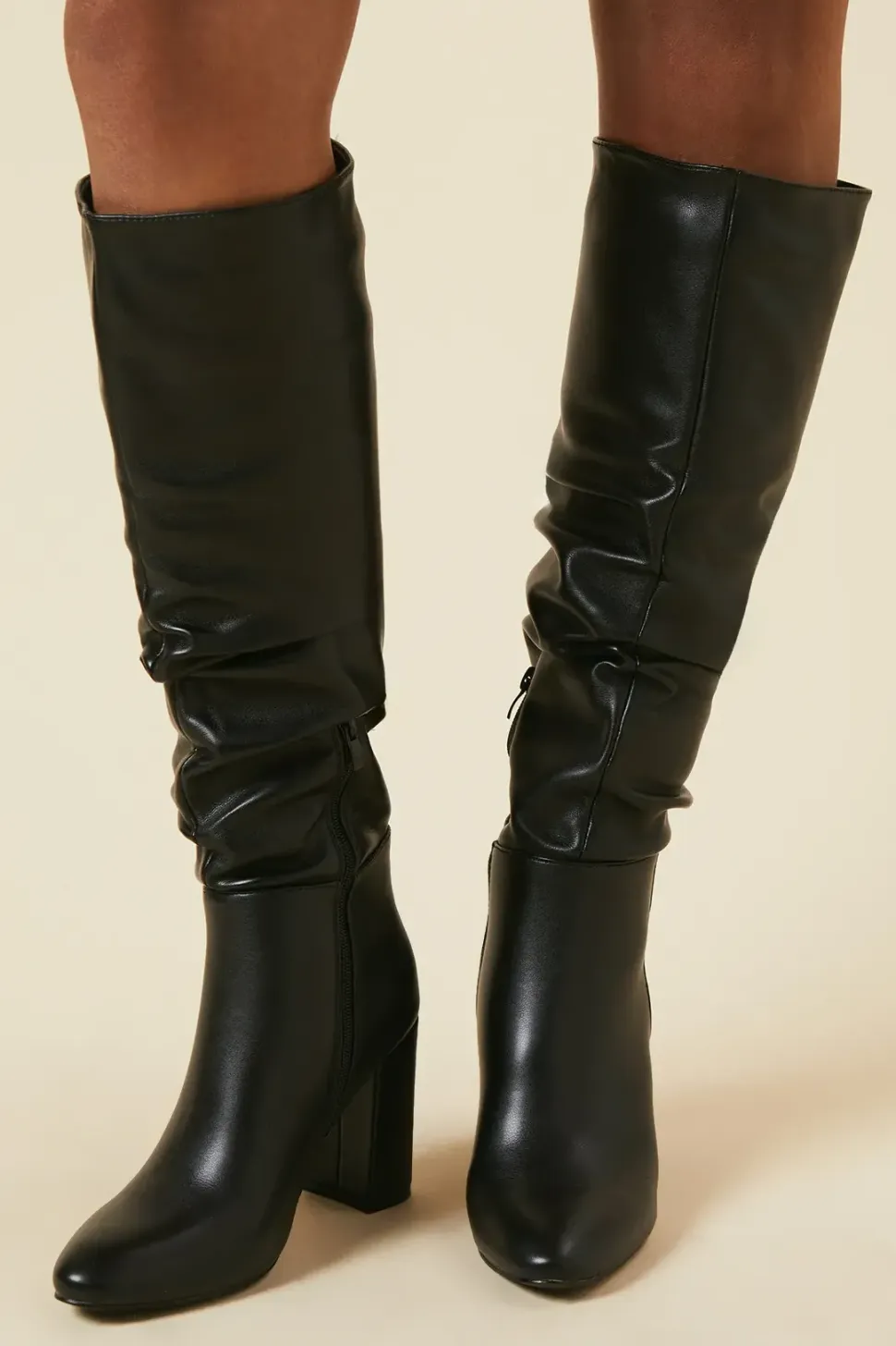Kandice Almond Toe Block Heel Rouche Calf Boots
