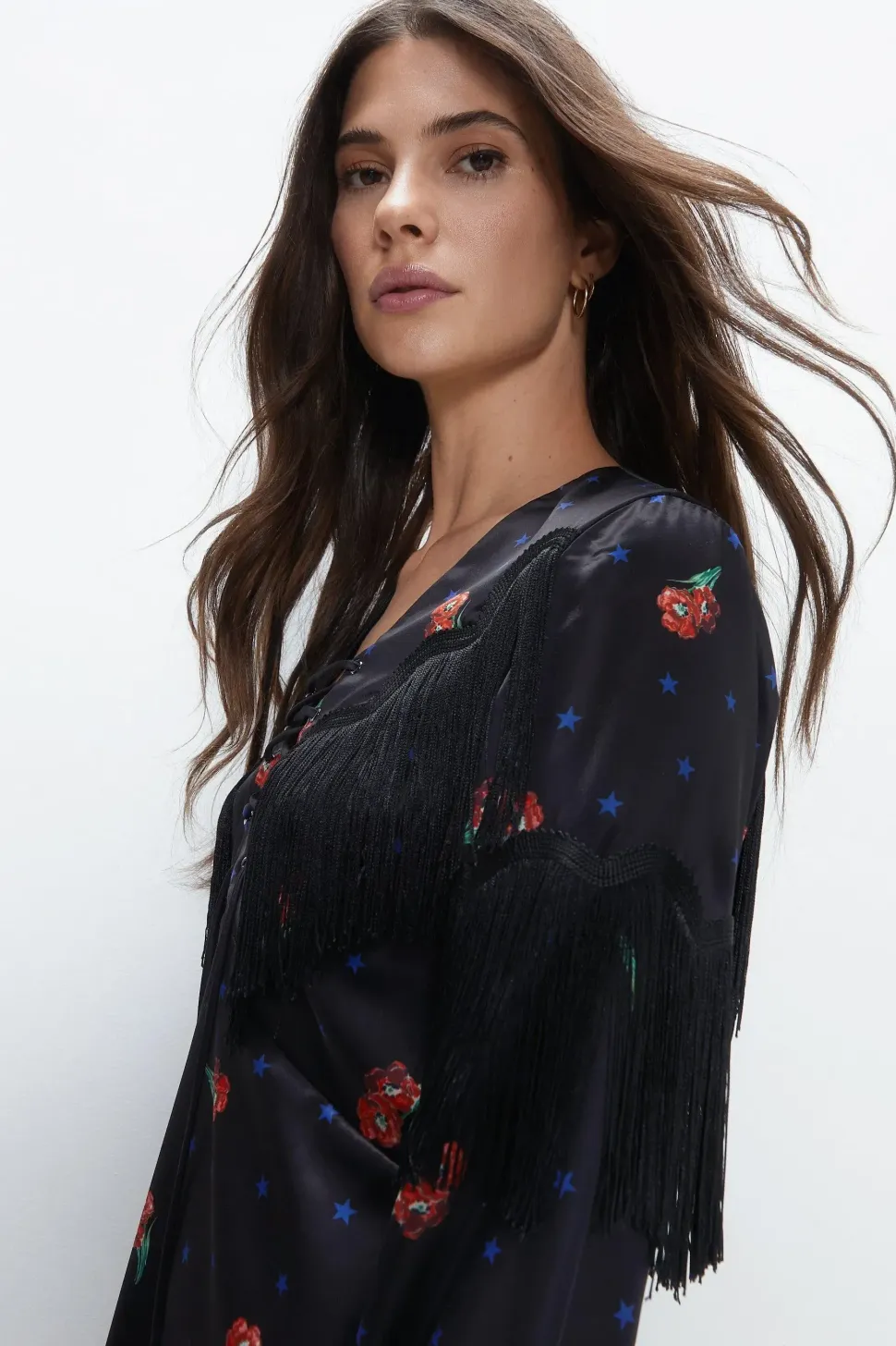 Kara Rose Satin Cross Front Fringe Detail Mini Dress