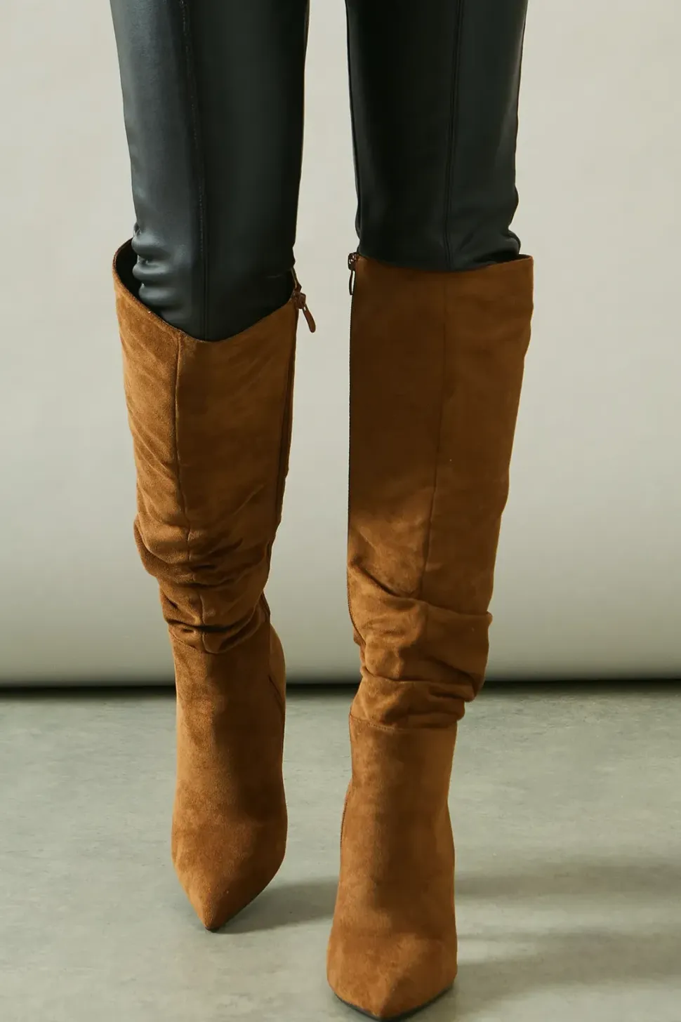 Kateri Faux Suede High Stiletto Heel Ruched High Leg Boots