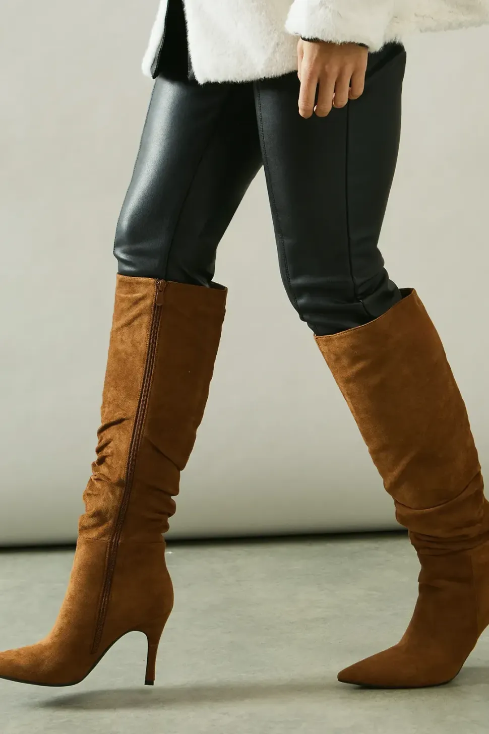 Kateri Faux Suede High Stiletto Heel Ruched High Leg Boots