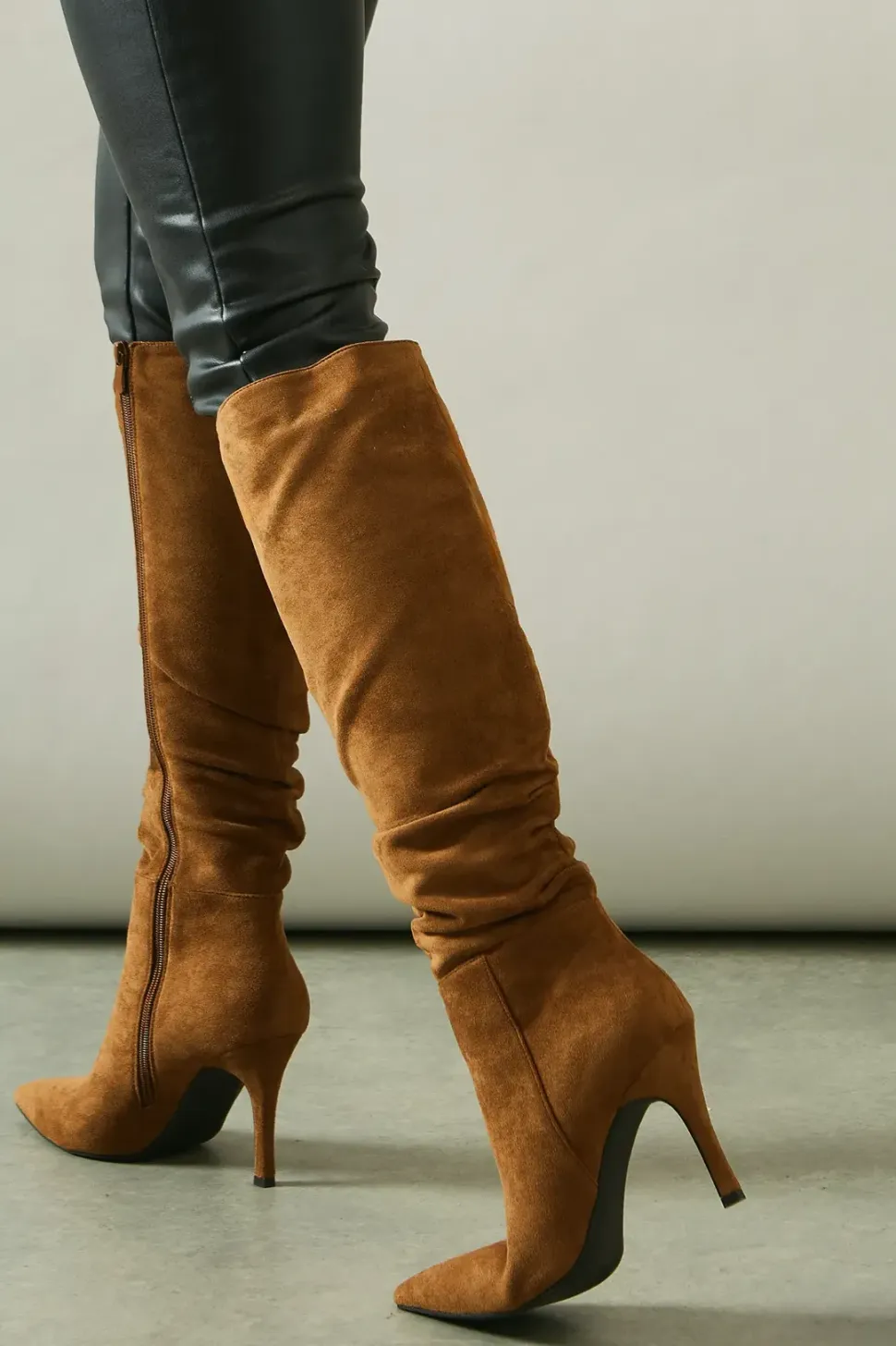 Kateri Faux Suede High Stiletto Heel Ruched High Leg Boots